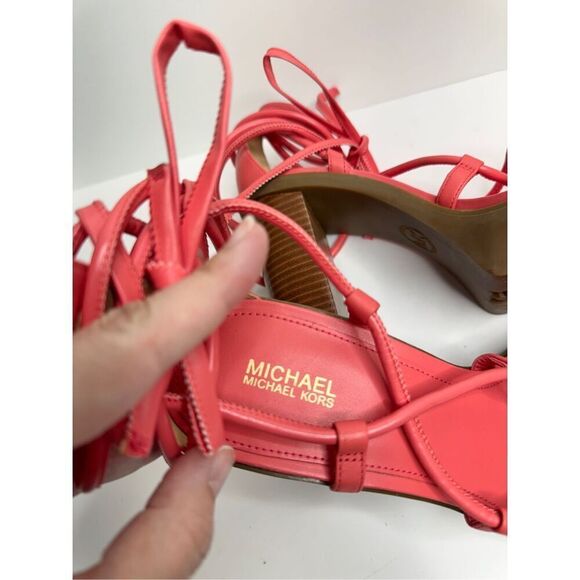 Michael Kors Platform Sandal Size 10 Coral Leather Ankle Wrap Open Toe Heels‎ - Picture 7 of 9